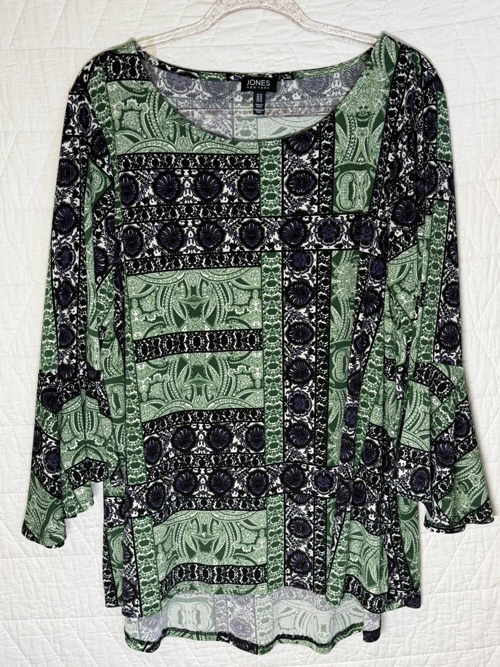 Jones New York 1X Shirt Top Black Green Stretch Long Sleeve Christmas hi low